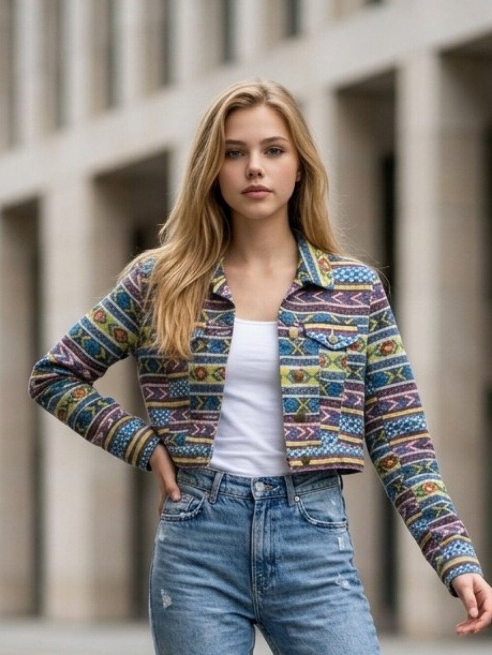 Tinseltown Denim Couture Aztec Tribal Cropped Jean Jacket Western Stretch Boho